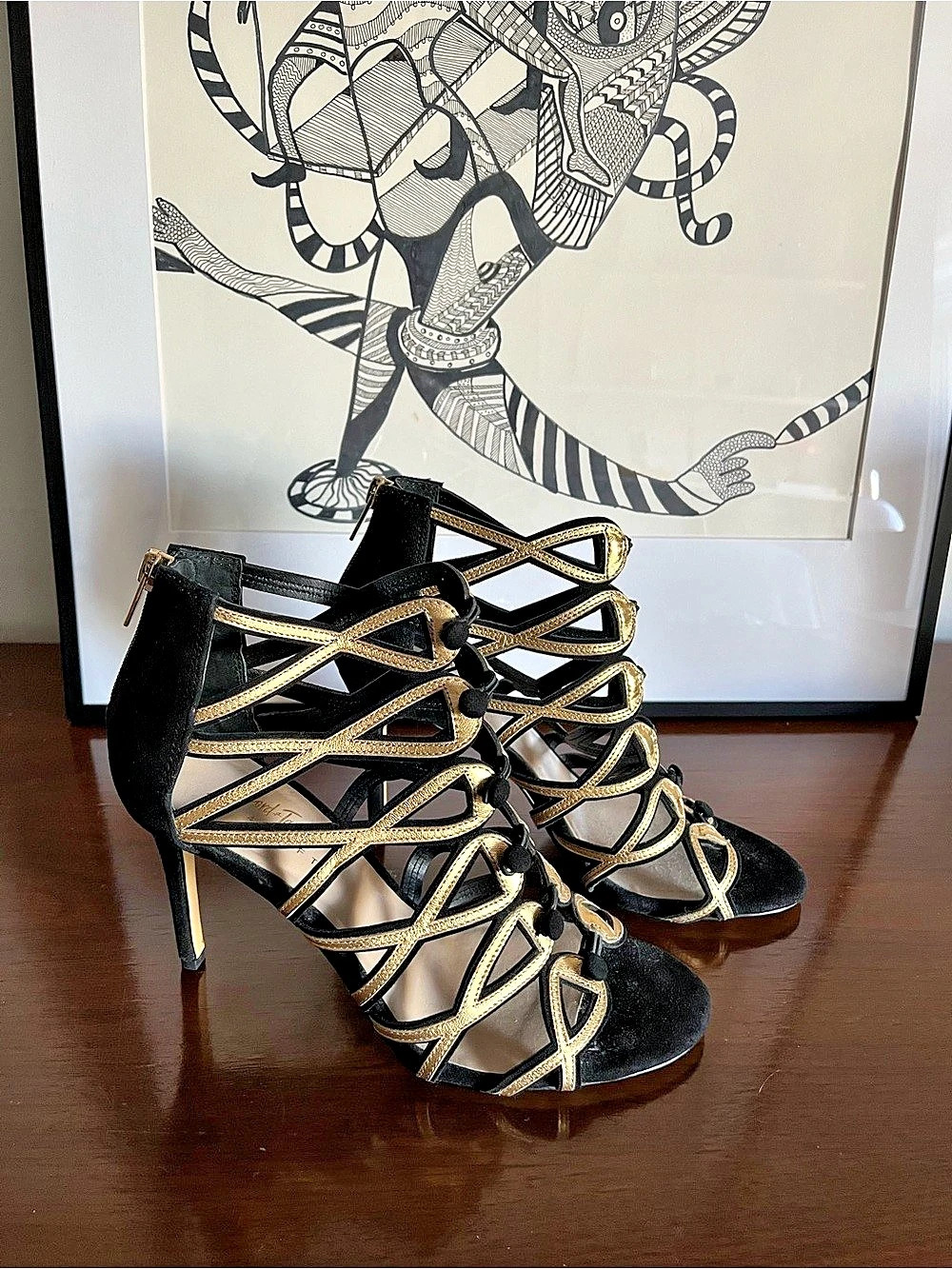 Lord and Taylor Strappy Heels in Black & Gold